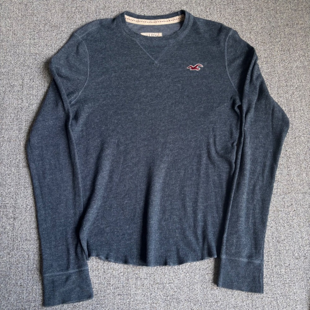 Hollister Thermal Shirt Women Large‎ Gray Waffle Knit Long Sleeve Y2K Logo Top